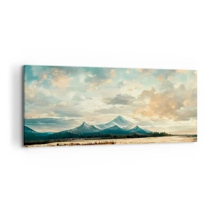 Cuadro sobre lienzo - Impresión de Imagen - Un paisaje pintoresco con una montaña y un lago tranquilo. - 120x50cm - Bajo la protección del cielo - Decoración de pared moderna para salón y dormitorio ARTTOR
