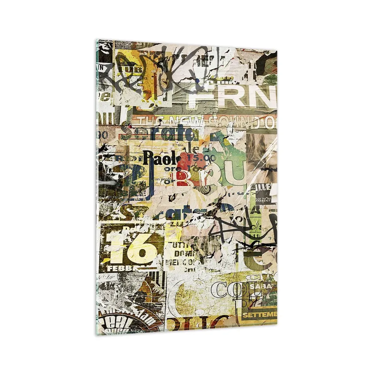 Cuadro sobre vidrio - Impresiones sobre Vidrio - Un collage de fragmentos de periódicos y carteles en estilo artístico. - 80x120cm - Oh, está sucediendo... - Decoración de pared moderna para salón y dormitorio ARTTOR