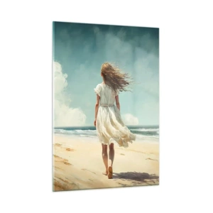 Cuadro sobre vidrio - Impresiones sobre Vidrio - Una mujer con un vestido blanco caminando descalza en una playa soleada. - 50x70cm - Al encuentro del sol y del viento - Decoración de pared moderna para salón y dormitorio ARTTOR
