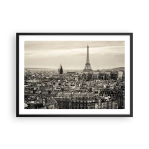 Póster en marco negro - Panorama de París con la Torre Eiffel en tonos sepia - 70x50cm - Sobre los tejados de París - Decoración de pared moderna para salón y dormitorio ARTTOR
