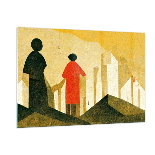 Cuadro sobre vidrio - Impresiones sobre Vidrio - Siluetas geométricas de figuras entre formas altas contra el fondo de un cielo amarillo. - 120x80cm - Todavía lejos del destino - Decoración de pared moderna para salón y dormitorio ARTTOR
