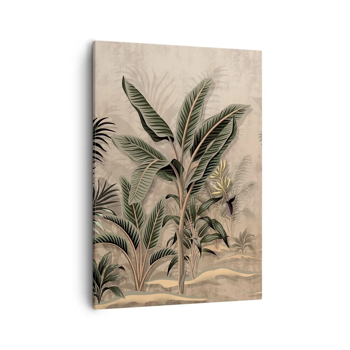 Cuadro sobre lienzo - Impresión de Imagen - Palmeras y vegetación tropical en tonos verdes sobre fondo beige. - 50x70cm - Grabados de estilo colonial - Decoración de pared moderna para salón y dormitorio ARTTOR