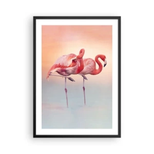 Póster en marco negro - Flamencos sobre un fondo de atardecer pastel - 50x70cm - Elegancia bajo el sol de poniente - Decoración de pared moderna para salón y dormitorio ARTTOR