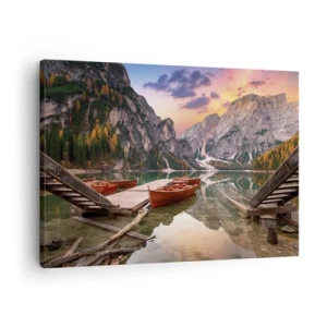 Cuadro sobre lienzo - Impresión de Imagen - Lago de montaña con barcos al atardecer - 70x50cm - Espejo entre montañas - Decoración de pared moderna para salón y dormitorio ARTTOR