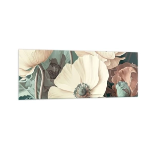 Cuadro sobre vidrio - Impresiones sobre Vidrio - Elegantes flores en tonos pastel sobre un fondo verde. - 140x50cm - Susurro de amapolas - Decoración de pared moderna para salón y dormitorio ARTTOR