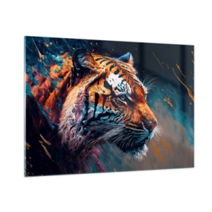 Cuadro sobre vidrio - Impresiones sobre Vidrio - Retrato de un tigre en una explosión artística de colores. - 100x70cm - Belleza salvaje - Decoración de pared moderna para salón y dormitorio ARTTOR