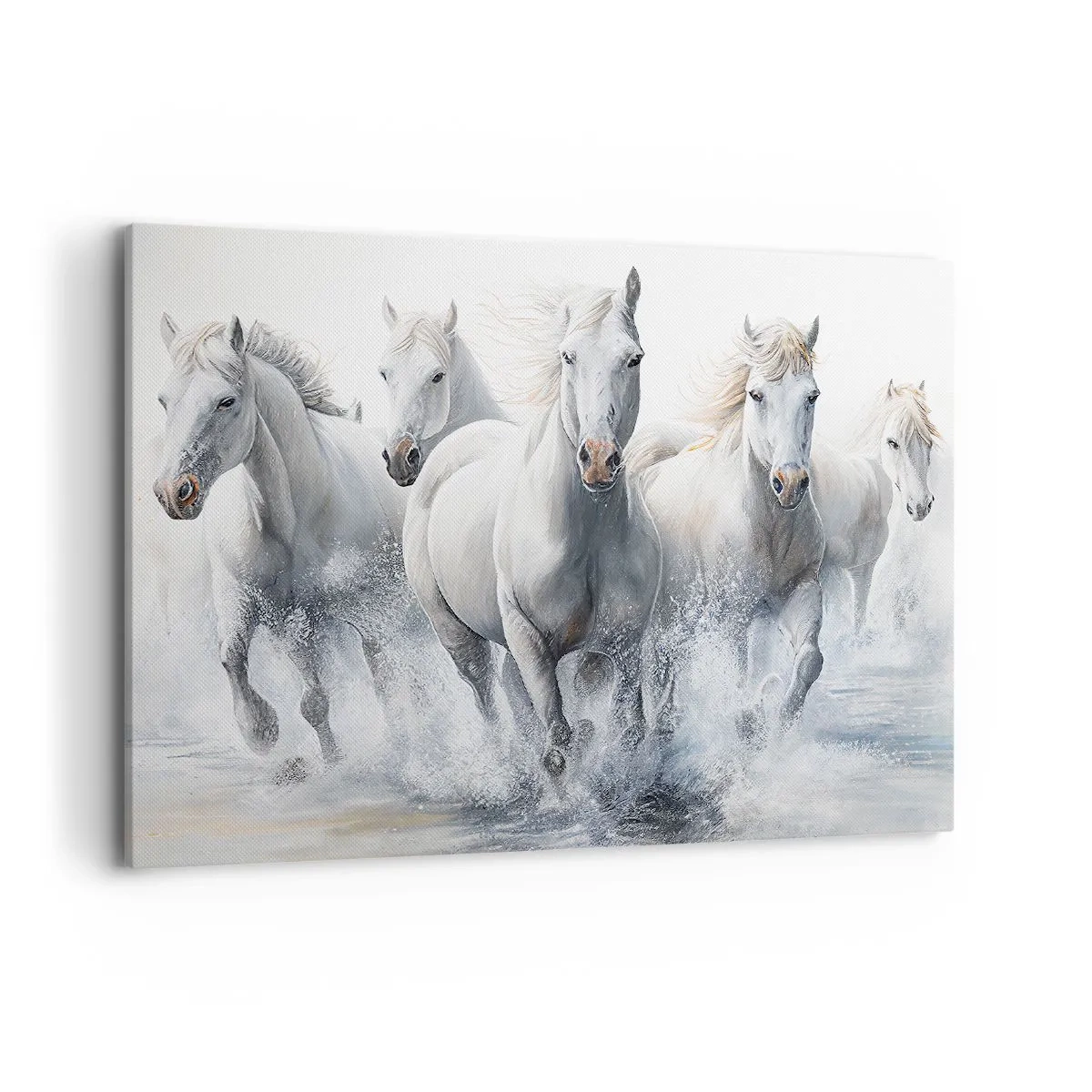 Cuadro sobre lienzo - Impresión de Imagen - Caballos blancos galopando por el agua - 100x70cm - Magia blanca - Decoración de pared moderna para salón y dormitorio ARTTOR