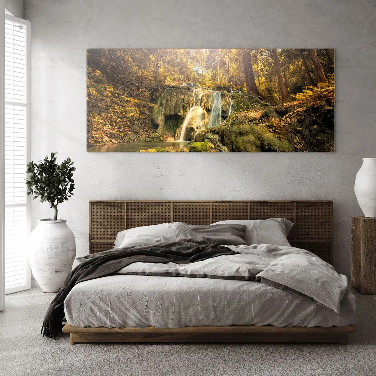 Cuadro sobre vidrio - Impresiones sobre Vidrio - Cascada forestal en verde - 100x40 cm