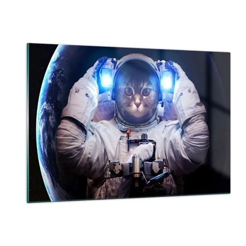 Cuadro sobre vidrio - Impresiones sobre Vidrio - Un cosmonauta con cabeza de gato en el espacio - 120x80cm - Houston, tienes un problema. - Decoración de pared moderna para salón y dormitorio ARTTOR