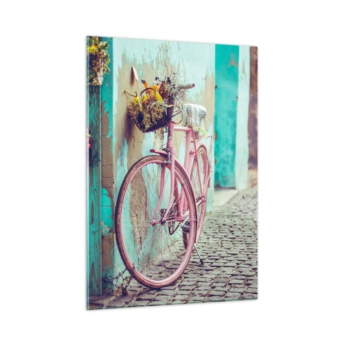 Cuadro sobre vidrio - Impresiones sobre Vidrio - Una bicicleta rosa apoyada contra una pared con flores en cestas, sobre un fondo pastel. - 50x70cm - Ahora mismo vuelvo - Decoración de pared moderna para salón y dormitorio ARTTOR