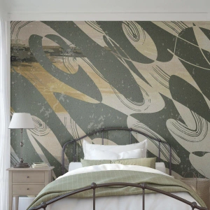 Fotomural Standard Eco - Una composición verde y beige con formas abstractas dinámicas. - 100x70cm - Abstracción rítmica - Decoración de pared moderna para salón y dormitorio ARTTOR