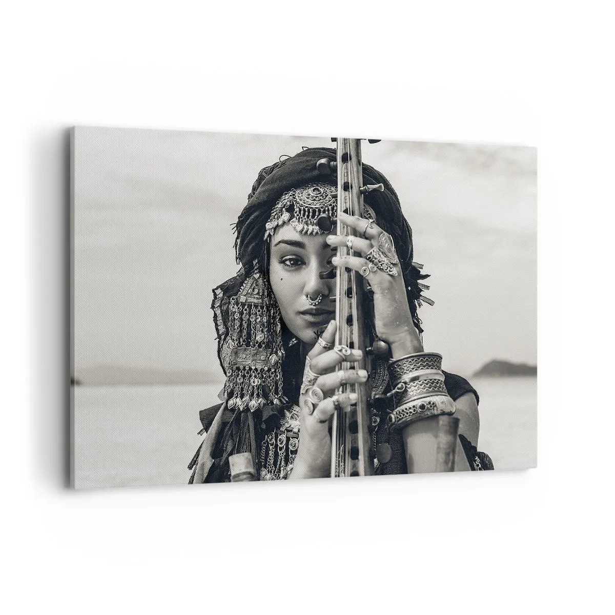 Cuadro sobre lienzo - Impresión de Imagen - Retrato de una mujer con joyas étnicas sosteniendo un instrumento en la mano. - 100x70cm - La música propia de Oriente - Decoración de pared moderna para salón y dormitorio ARTTOR