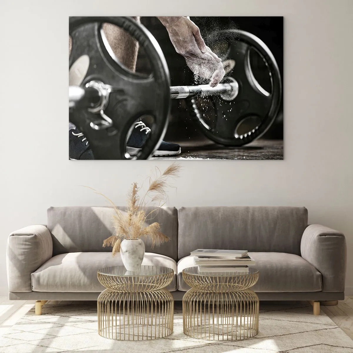 Cuadro sobre vidrio - Impresiones sobre Vidrio - Levantamiento de pesas con tiza en las manos y una barra - 70x50cm - ¡Reto aceptado! - Decoración de pared moderna para salón y dormitorio ARTTOR