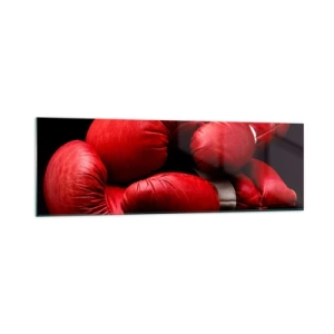 Cuadro sobre vidrio - Impresiones sobre Vidrio - Guantes de boxeo rojos sobre fondo negro - 160x50cm - La emoción del combate quedó atrás - Decoración de pared moderna para salón y dormitorio ARTTOR