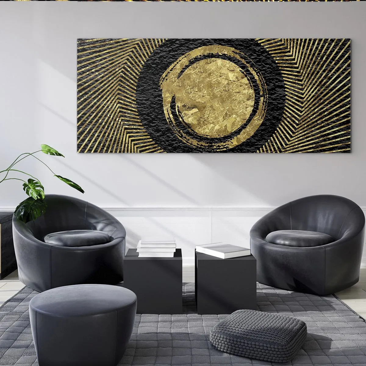 Cuadro sobre vidrio - Impresiones sobre Vidrio - Composición geométrica en negro y dorado con rayos. - 140x50cm - Composición glamour - Decoración de pared moderna para salón y dormitorio ARTTOR