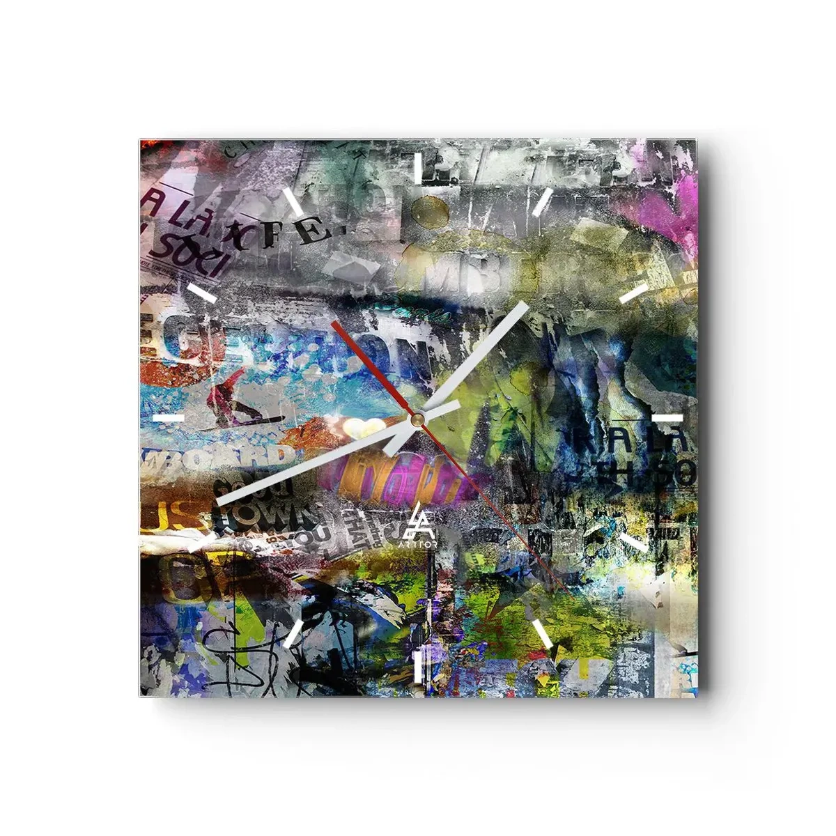 Reloj de pared - Reloj de vidrio - Collage abstracto con texto y varios colores. - 30x30cm - Un collage de recuerdos - Decoración de pared moderna para salón y dormitorio ARTTOR
