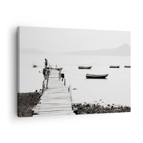 Cuadro sobre lienzo - Impresión de Imagen - Muelle de madera y barcos en aguas tranquilas - 70x50cm - Junto al agua tranquila y clara - Decoración de pared moderna para salón y dormitorio ARTTOR