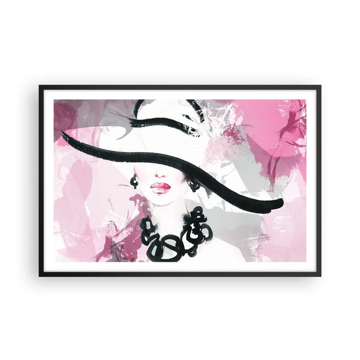Póster en marco negro - Retrato de una dama en negro y rosa - 91x61 cm