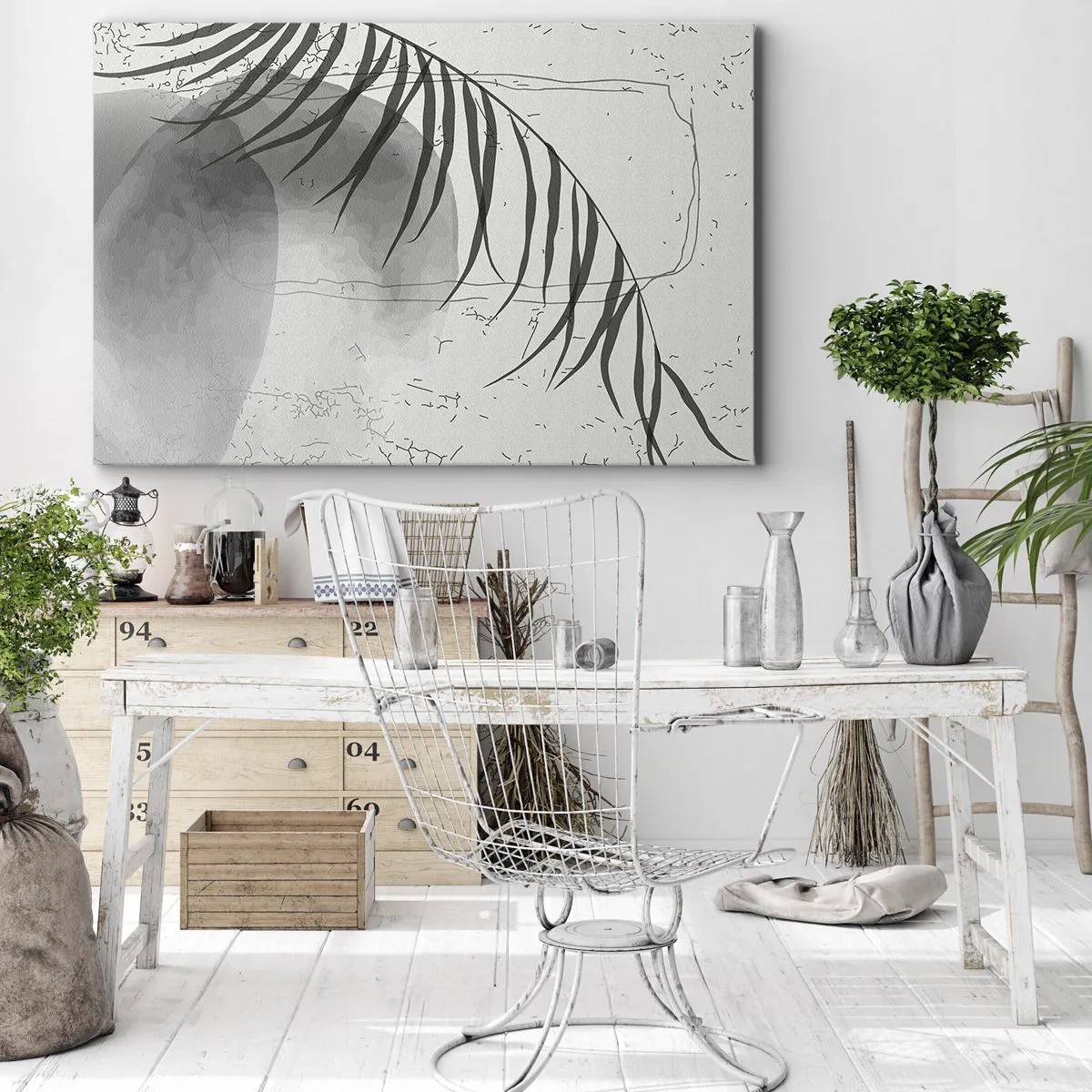 Cuadro sobre lienzo - Impresión de Imagen - Un delicado motivo de hojas de palma sobre un fondo claro en estilo escandinavo. - 70x50cm - El sutil exotismo de la naturaleza - Decoración de pared moderna para salón y dormitorio ARTTOR
