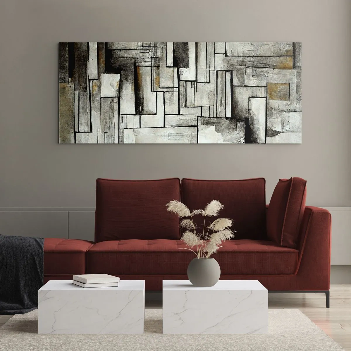 Cuadro sobre vidrio - Impresiones sobre Vidrio - Rectángulos abstractos en tonos de gris y negro. - 160x50cm - El poder de la sencillez - Decoración de pared moderna para salón y dormitorio ARTTOR