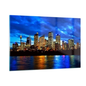 Cuadro sobre vidrio - Impresiones sobre Vidrio - Panorama de la ciudad nocturna reflejada en el agua. - 120x80cm - Noche de luces y colores - Decoración de pared moderna para salón y dormitorio ARTTOR