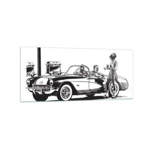 Cuadro sobre vidrio - Impresiones sobre Vidrio - Una escena retro en blanco y negro con un coche y una camarera en patines. - 120x50cm - Años 60 - la América despreocupada - Decoración de pared moderna para salón y dormitorio ARTTOR
