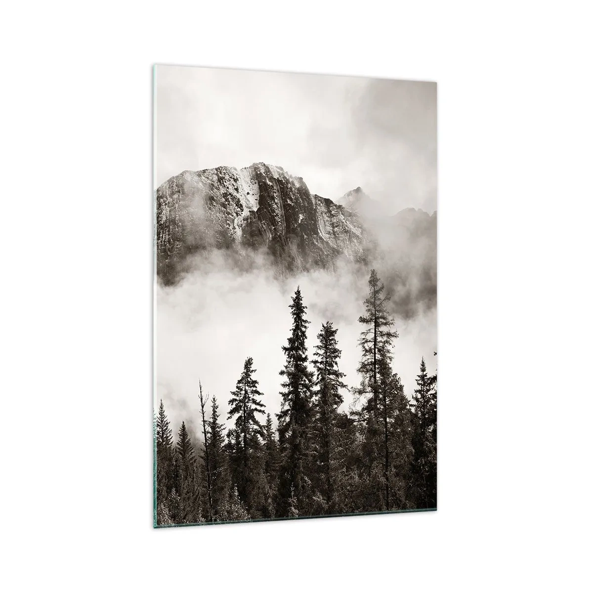 Cuadro sobre vidrio - Impresiones sobre Vidrio - Un pintoresco pico de montaña rodeado de niebla y un bosque en tonos sepia. - 70x100cm - Gobernante de granito - Decoración de pared moderna para salón y dormitorio ARTTOR