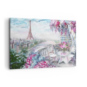 Cuadro sobre lienzo - Impresión de Imagen - Una vista romántica de París con la Torre Eiffel y un balcón lleno de flores. - 120x80cm - Mayo mágico en París - Decoración de pared moderna para salón y dormitorio ARTTOR