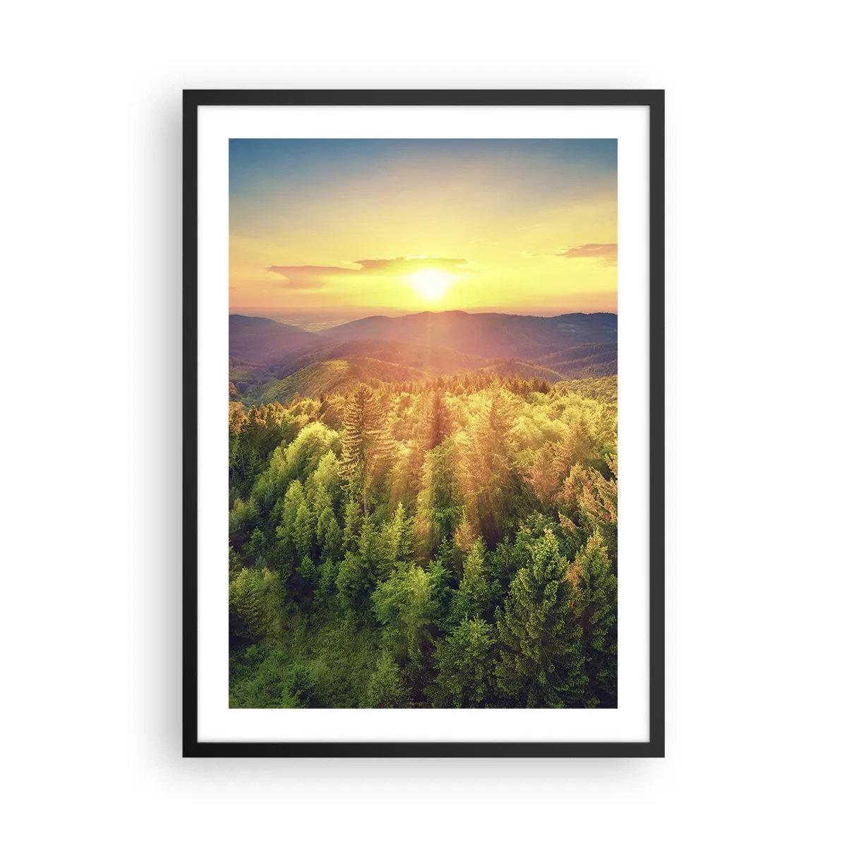 Póster en marco negro - Puesta de sol sobre un bosque montañoso lleno de vegetación. - 50x70cm - Desde lo alto - Decoración de pared moderna para salón y dormitorio ARTTOR