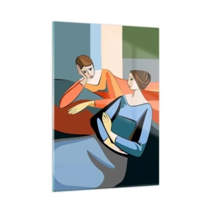 Cuadro sobre vidrio - Impresiones sobre Vidrio - Una escena geométrica de una conversación entre dos mujeres con el telón de fondo de un interior. - 50x70cm - Un momento de confidencias - Decoración de pared moderna para salón y dormitorio ARTTOR