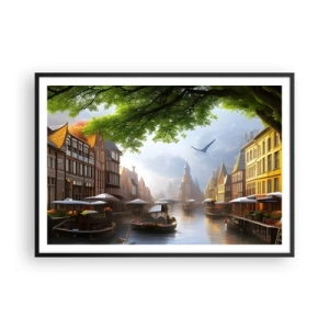 Póster en marco negro - Un pintoresco paisaje holandés con un canal y casas de vecindad. - 100x70cm - Paisaje urbano holandés - Decoración de pared moderna para salón y dormitorio ARTTOR