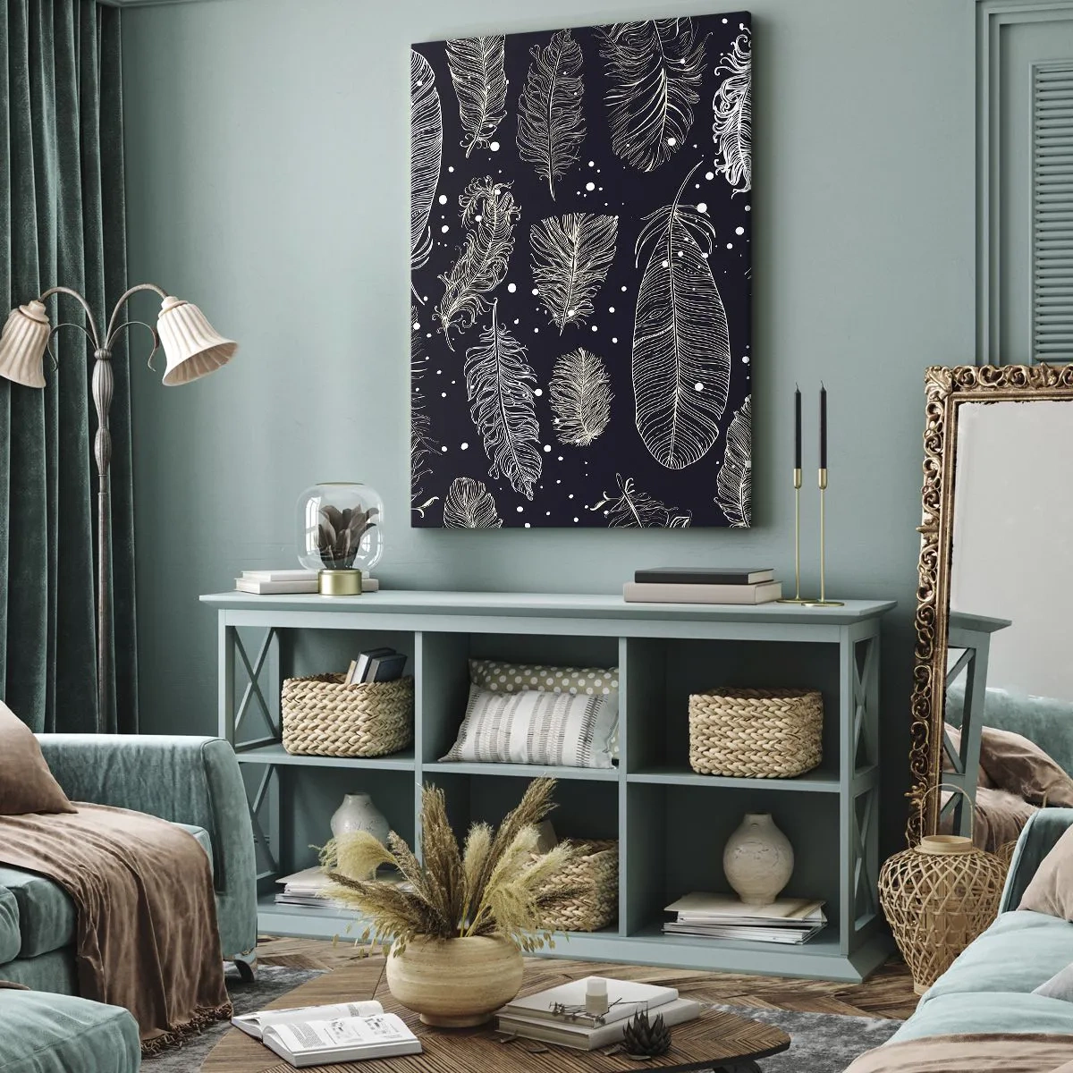 Cuadro sobre lienzo - Impresión de Imagen - Delicadas plumas blancas sobre un fondo azul marino. - 50x70cm - Encaje de plumas - Decoración de pared moderna para salón y dormitorio ARTTOR