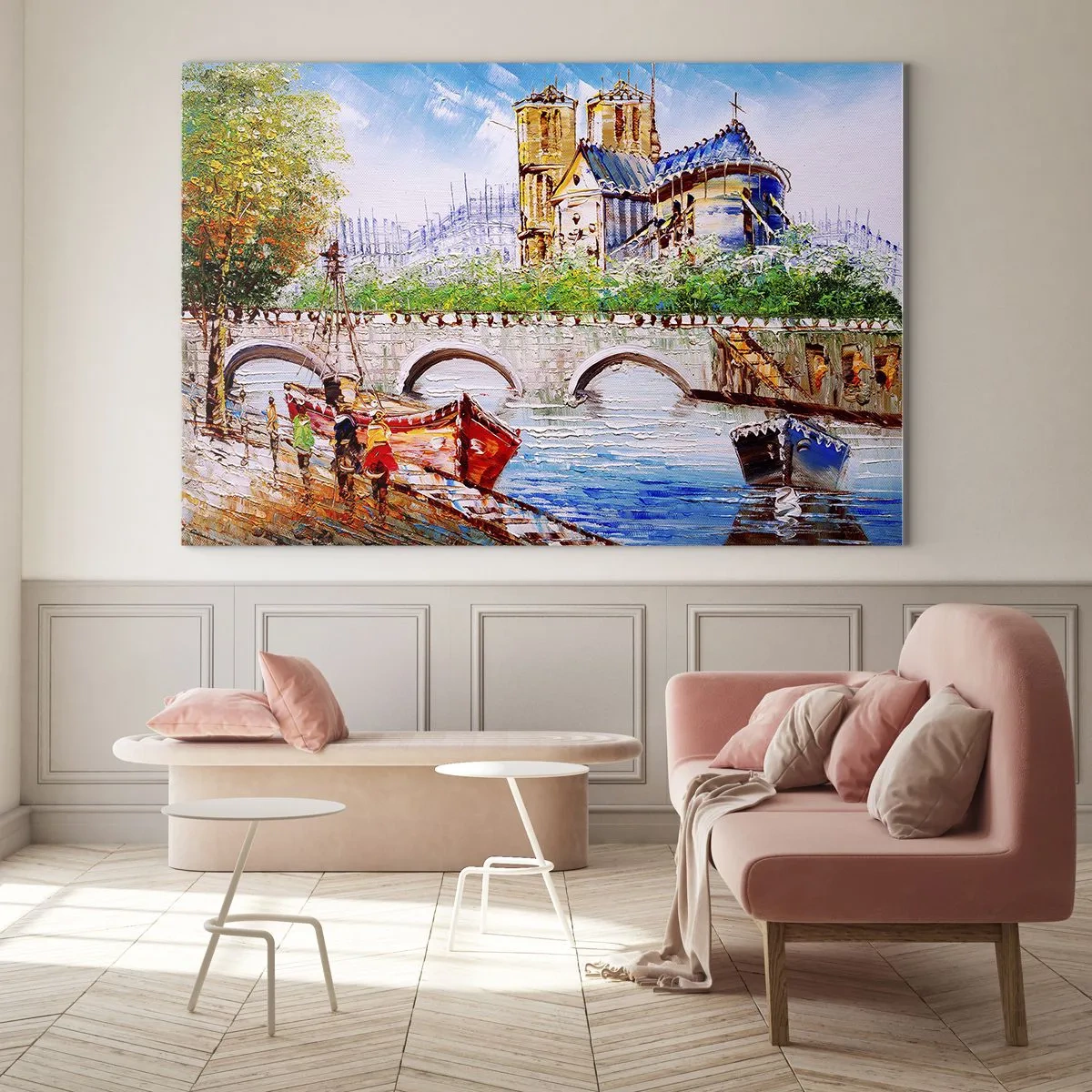 Cuadro sobre vidrio - Impresiones sobre Vidrio - Puente y barcos con la catedral histórica como telón de fondo - 70x50cm - Su tiempo nunca pasa - Decoración de pared moderna para salón y dormitorio ARTTOR