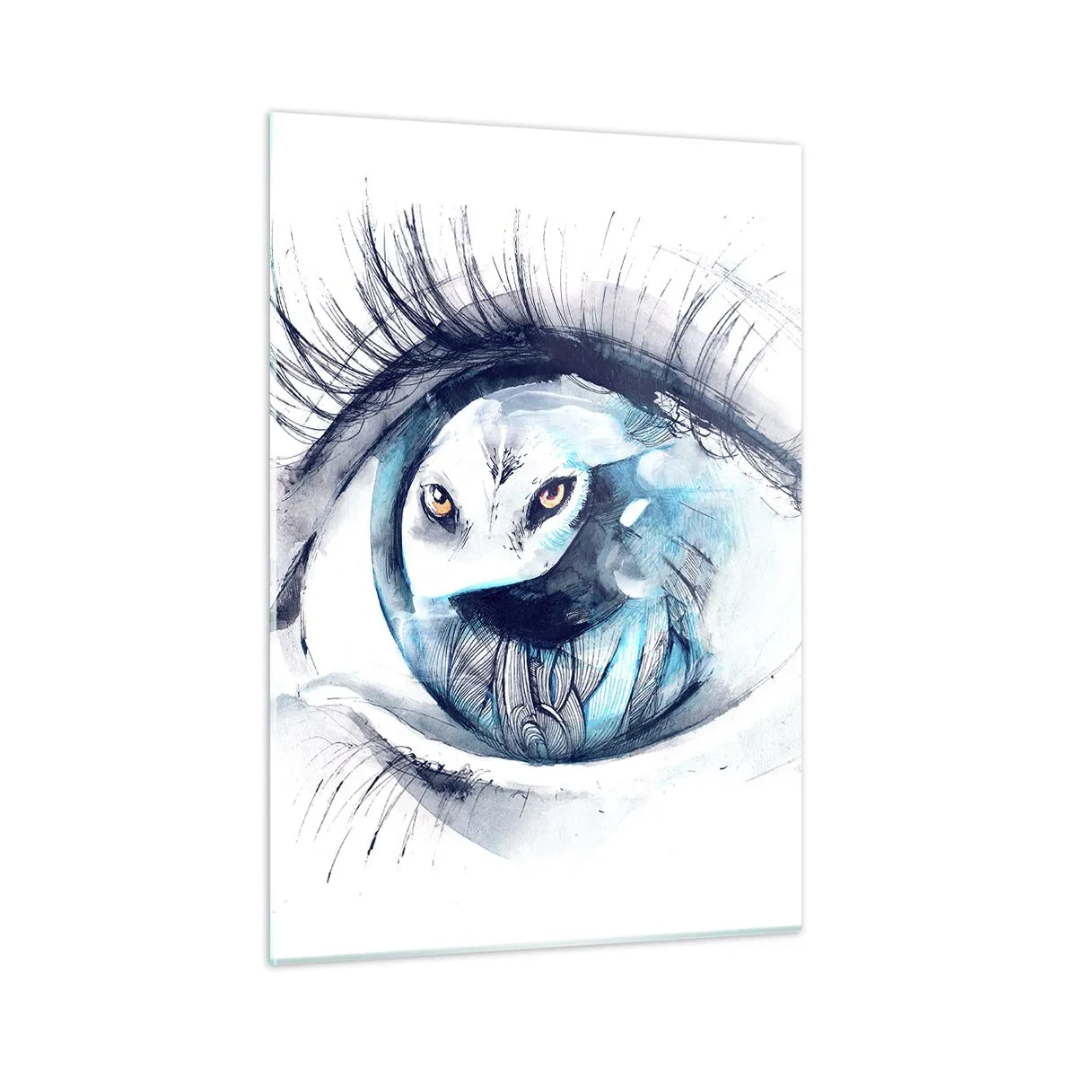 Cuadro sobre vidrio - Impresiones sobre Vidrio - Ojo de mujer con motivo de búho en estilo acuarela. - 50x70cm - Ojo con la naturaleza - Decoración de pared moderna para salón y dormitorio ARTTOR