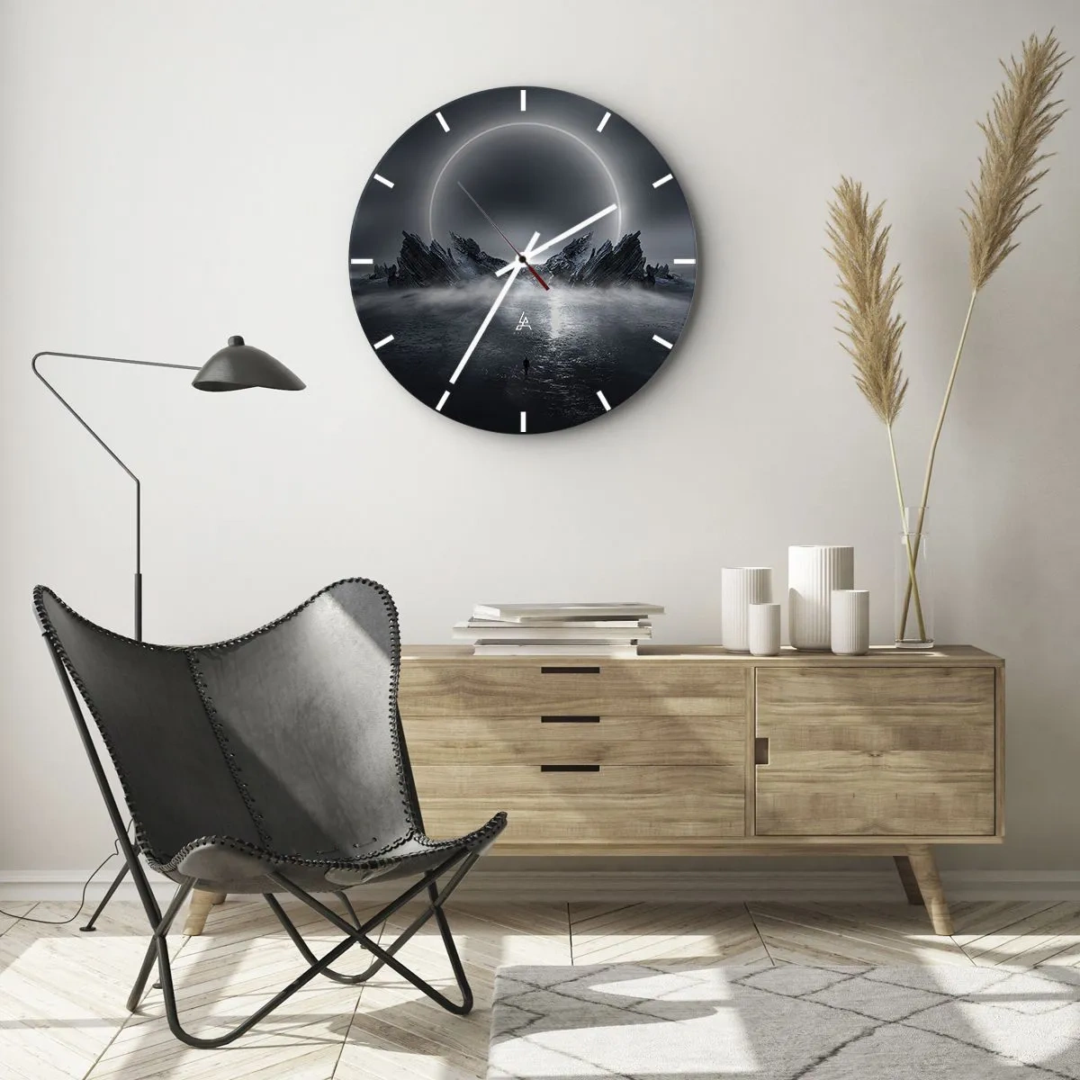 Reloj de pared - Reloj de vidrio - Paisaje futurista con eclipse y rocas afiladas. - 30x30cm - El final del cuento - Decoración de pared moderna para salón, cocina y dormitorio ARTTOR