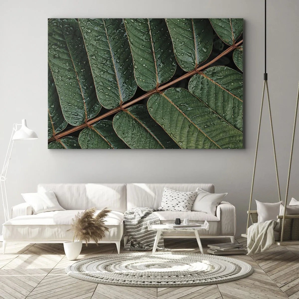 Cuadro sobre lienzo - Impresión de Imagen - Fotografía macro de hojas verdes con gotas de rocío. - 70x50cm - En un ritmo verde - Decoración de pared moderna para salón y dormitorio ARTTOR