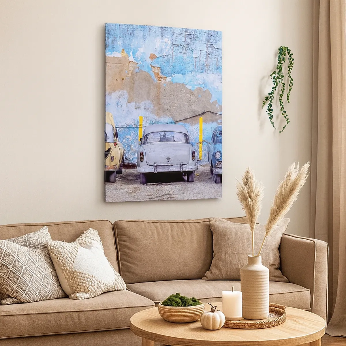 Cuadro sobre lienzo - Impresión de Imagen - Coches antiguos con un muro destruido como telón de fondo - 50x70cm - Reunión de veteranos - Decoración de pared moderna para salón y dormitorio ARTTOR
