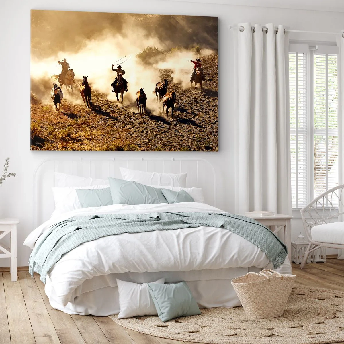 Cuadro sobre lienzo - Impresión de Imagen - Vaqueros a caballo en acción en el terreno desértico. - 120x80cm - El salvaje oeste - Decoración de pared moderna para salón y dormitorio ARTTOR