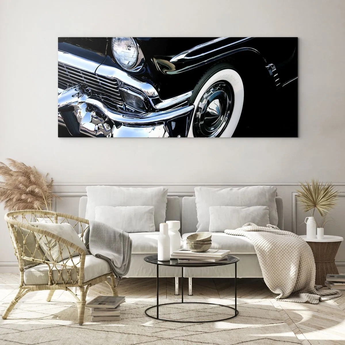Cuadro sobre vidrio - Impresiones sobre Vidrio - Primer plano del faro y el guardabarros de un coche clásico negro - 140x50cm - Clásicos en plata, negro y blanco - Decoración de pared moderna para salón y dormitorio ARTTOR