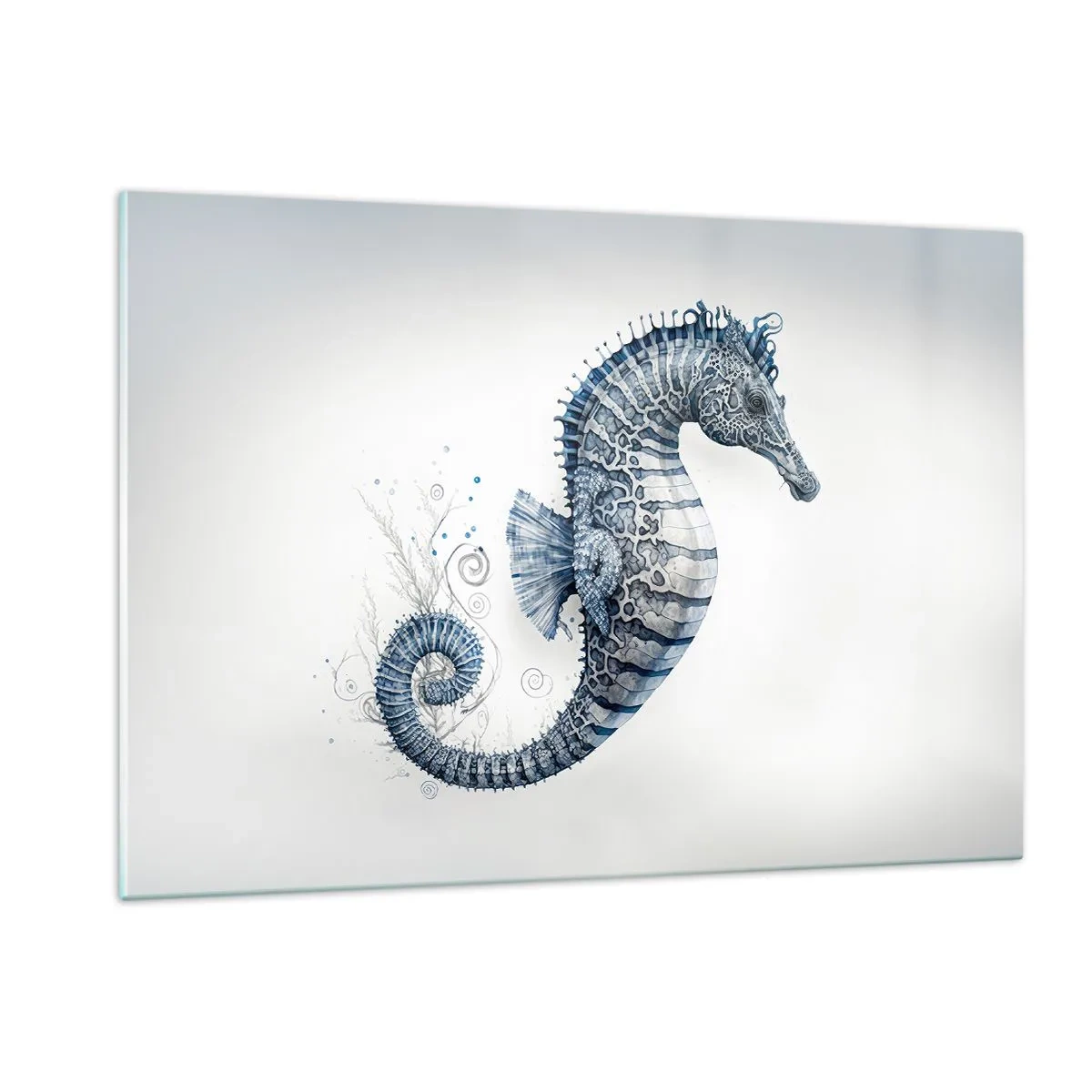 Cuadro sobre vidrio - Impresiones sobre Vidrio - Caballito de mar azul sobre un fondo claro en un estilo de dibujo - 120x80cm - Una sutil broma de la naturaleza - Decoración de pared moderna para salón y dormitorio ARTTOR