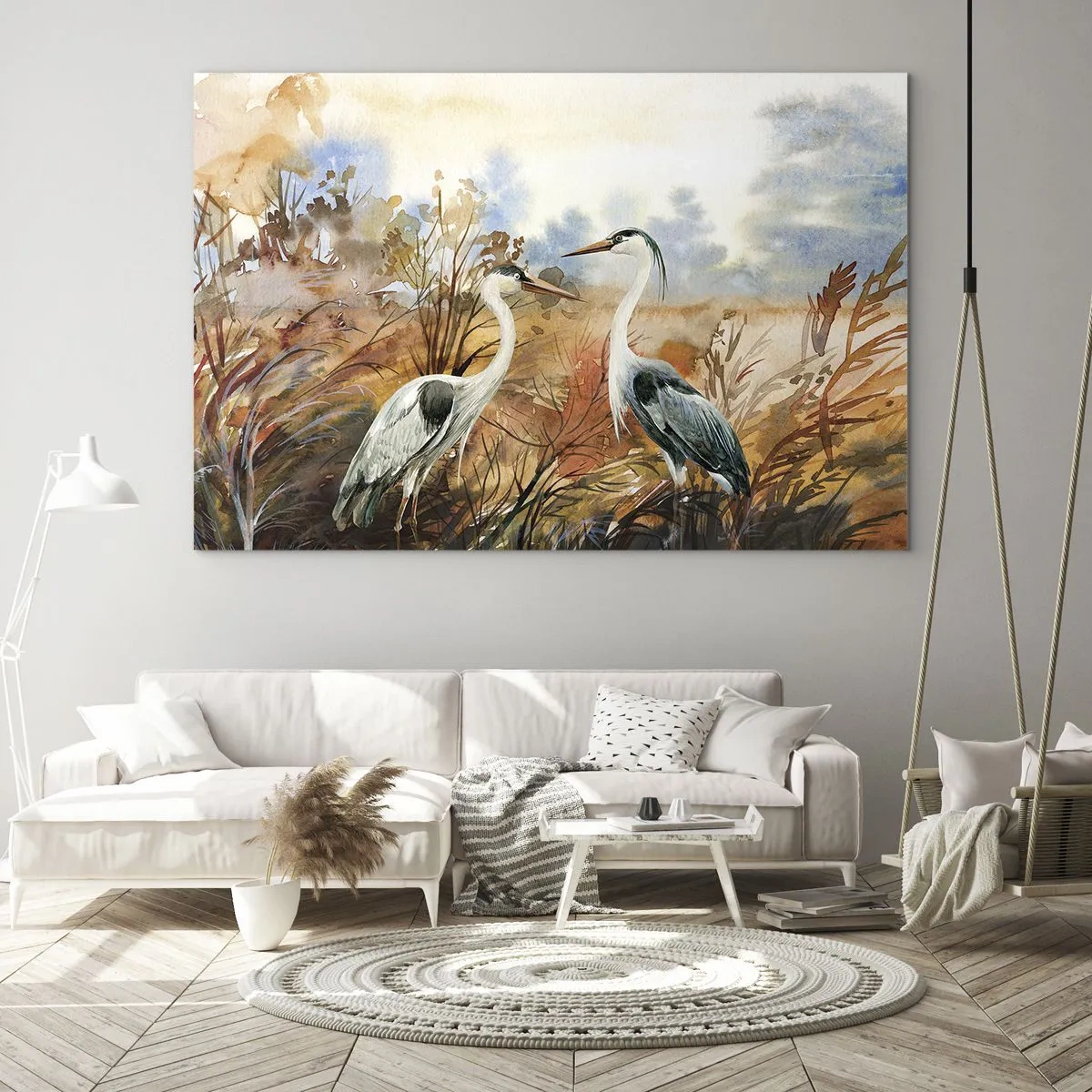 Cuadro sobre vidrio - Impresiones sobre Vidrio - Dos grullas en un paisaje otoñal pintado en acuarela. - 100x70cm - ¿A dónde nos dirigimos en otoño? - Decoración de pared moderna para salón y dormitorio ARTTOR