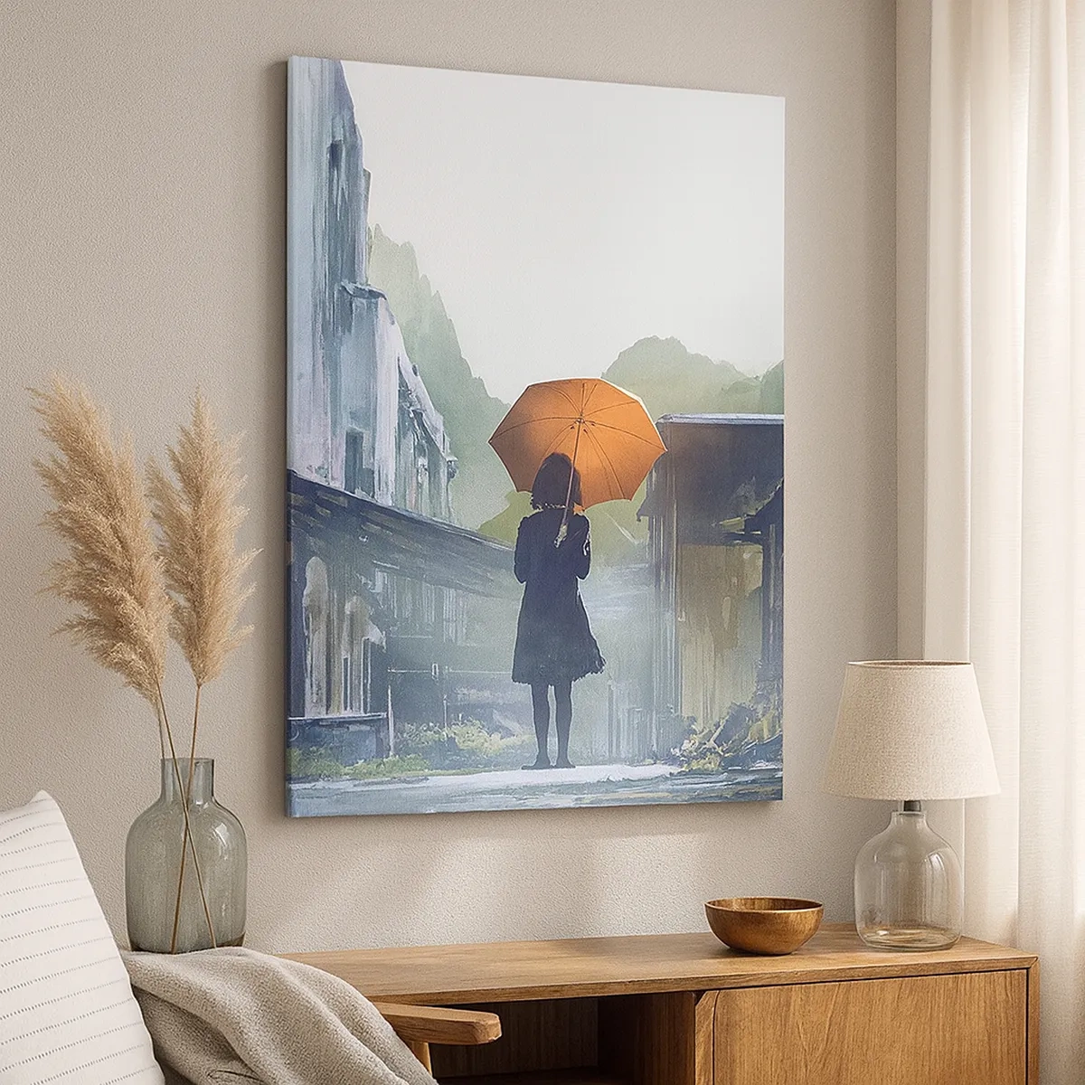 Cuadro sobre lienzo - Impresión de Imagen - Una figura con un paraguas en una ciudad lluviosa. - 50x70cm - Una lluvia revitalizante - Decoración de pared moderna para salón y dormitorio ARTTOR