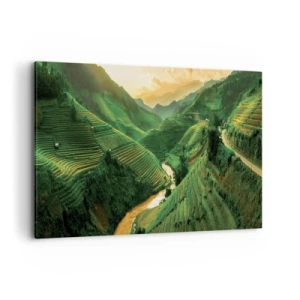 Cuadro sobre lienzo - Impresión de Imagen - Pintorescas terrazas de arroz en un valle verde iluminado por el sol poniente - 120x80cm - Valle vietnamita - Decoración de pared moderna para salón y dormitorio ARTTOR