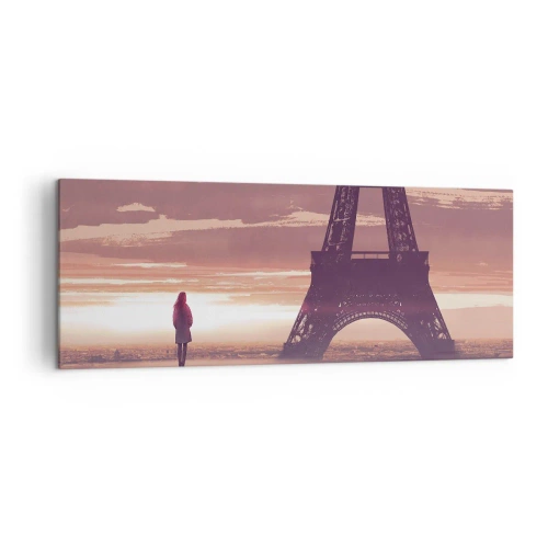 Cuadro sobre lienzo - Impresión de Imagen - Una figura mirando la Torre Eiffel a la luz del sol poniente. - 140x50cm - Sólo ellas dos - Decoración de pared moderna para salón y dormitorio ARTTOR