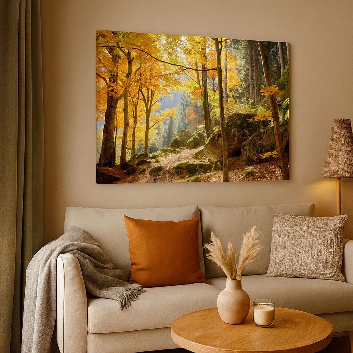 Cuadro sobre lienzo - Impresión de Imagen - Un bosque otoñal lleno de hojas doradas y luz solar. - 70x50cm - Tiempo de descanso - Decoración de pared moderna para salón y dormitorio ARTTOR