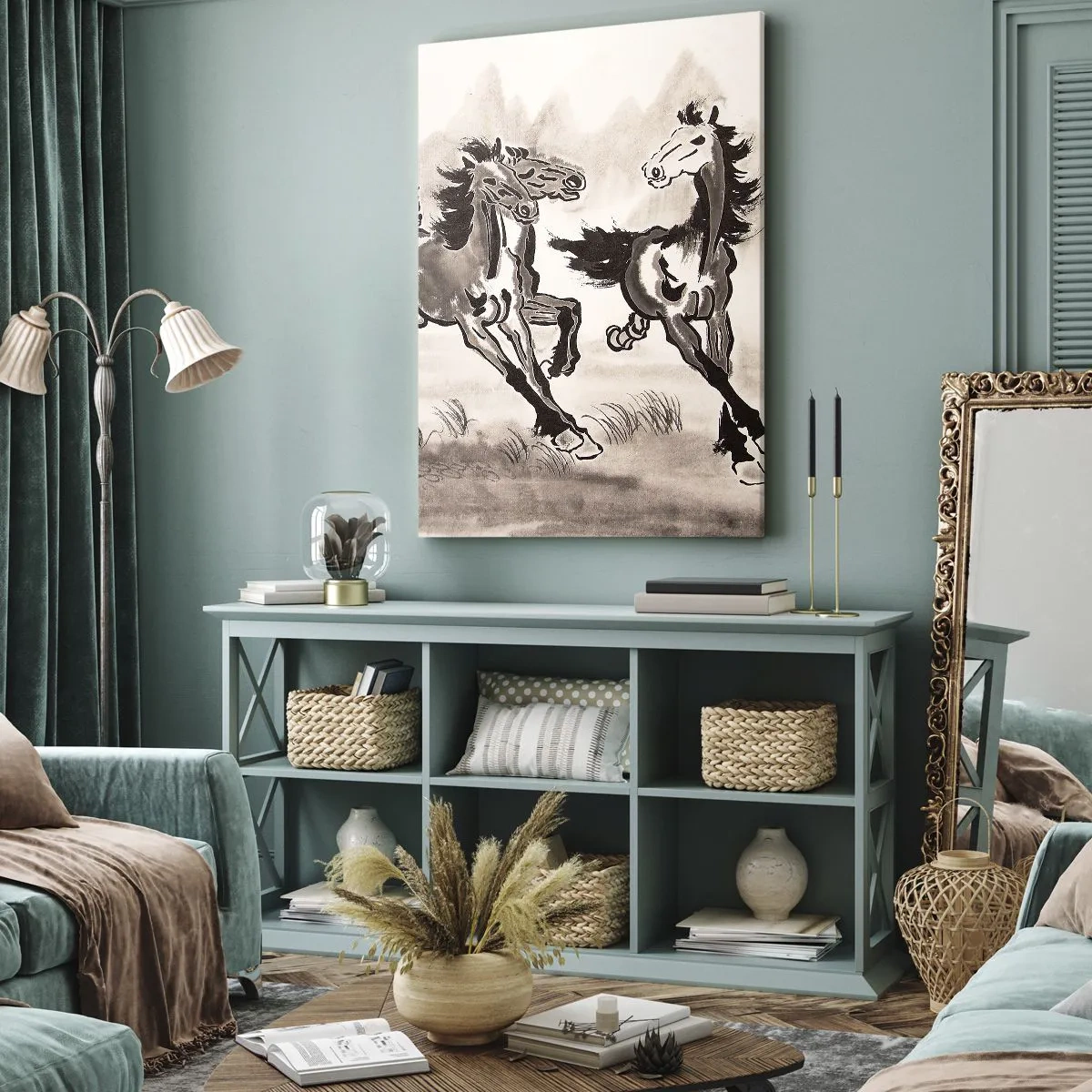 Cuadro sobre lienzo - Impresión de Imagen - Gráficos dinámicos de caballos al galope en estilo oriental. - 50x70cm - Al galope alegre - Decoración de pared moderna para salón y dormitorio ARTTOR