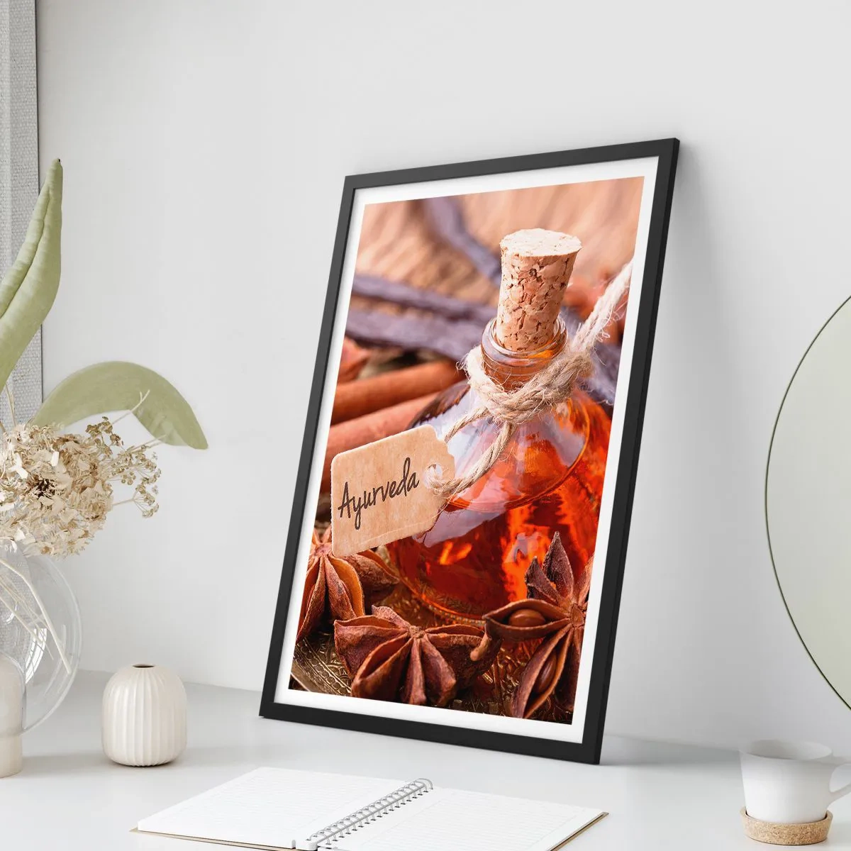 Póster en marco negro - Una botella de aceite ayurvédico y especias. - 50x70cm - Hacia la unidad del cuerpo y el espíritu - Decoración de pared moderna para salón y dormitorio ARTTOR