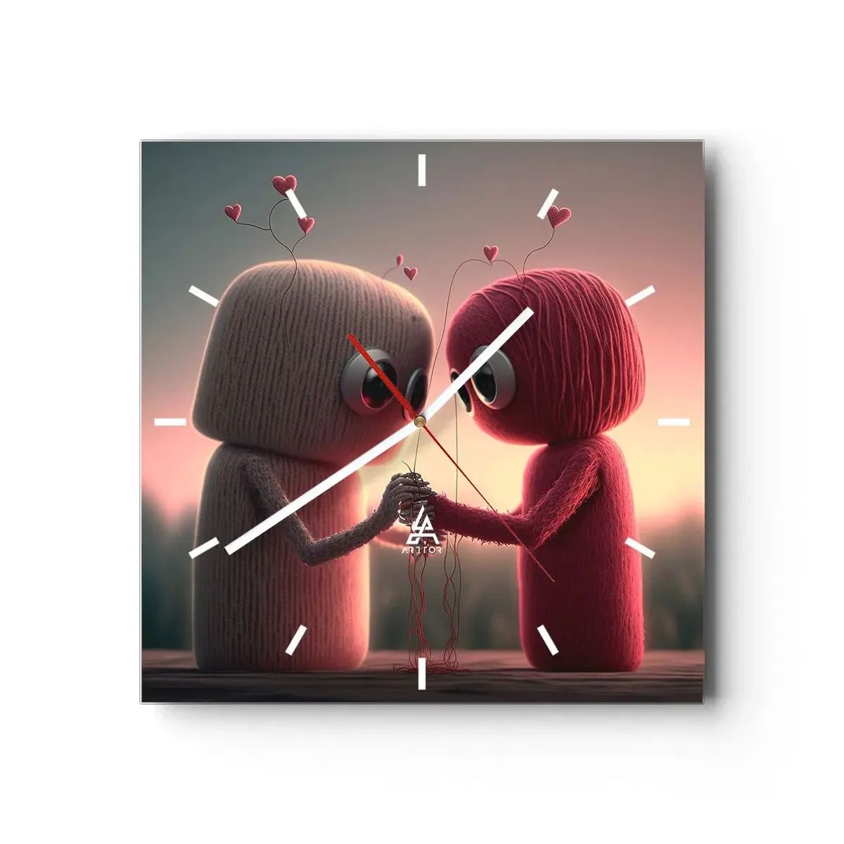Reloj de pared - Reloj de vidrio - Personajes de hilo en un encantador entorno con temática de corazones. - 30x30cm - Todo el mundo puede amar - Decoración de pared moderna para salón y dormitorio ARTTOR