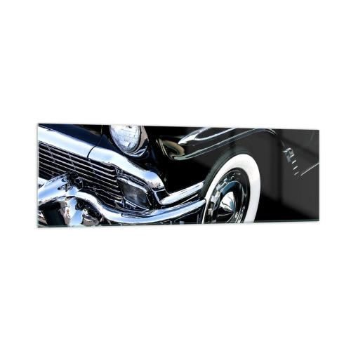 Cuadro sobre vidrio - Impresiones sobre Vidrio - Primer plano del faro y el guardabarros de un coche clásico negro - 160x50cm - Clásicos en plata, negro y blanco - Decoración de pared moderna para salón y dormitorio ARTTOR