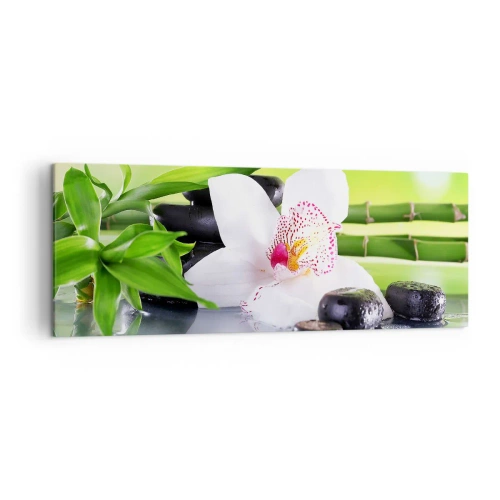 Cuadro sobre lienzo - Impresión de Imagen - Orquídea, piedras y bambú en una armoniosa composición de spa. - 140x50cm - Frescura - Decoración de pared moderna para salón y dormitorio ARTTOR